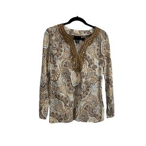 Cynthia Rowley Paisley Beaded Embellished Linen Blend V Neck Top Blouse Size S
